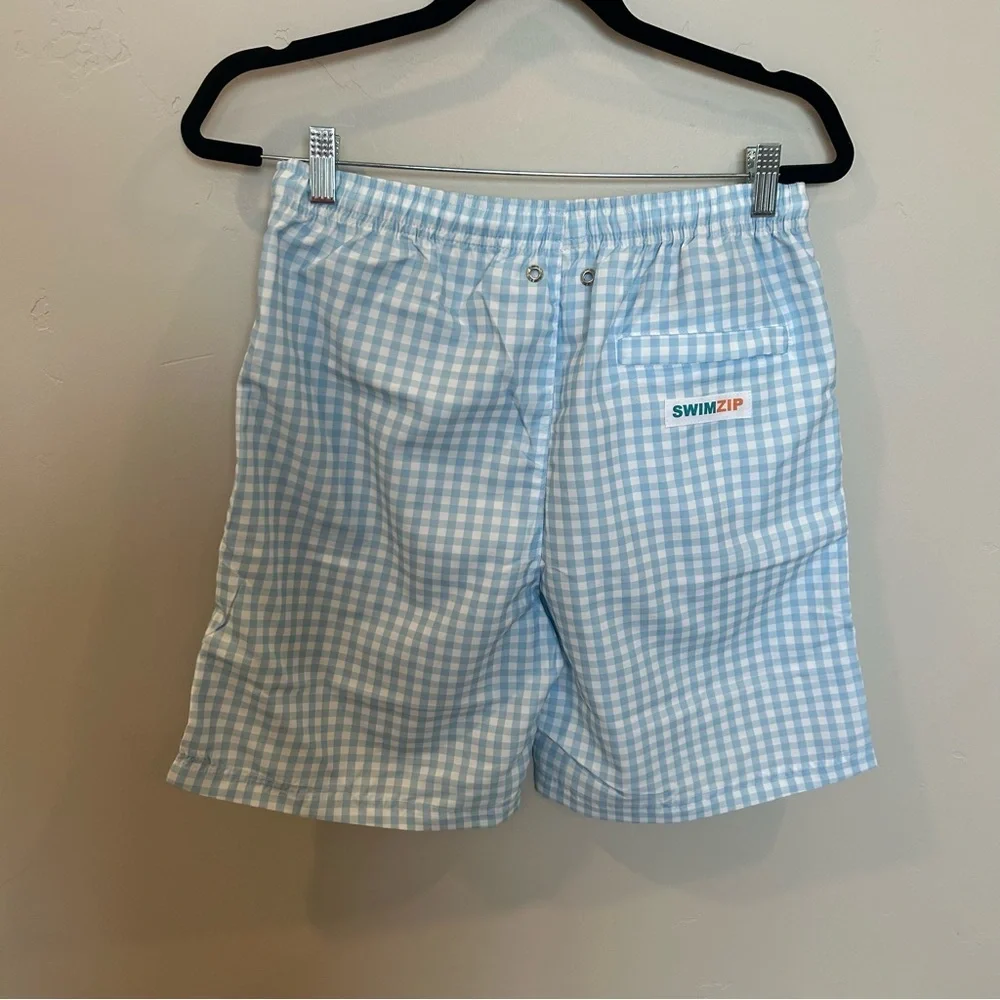 SwimZip Swim Trunks Boxer Brief Liner, Blue Gingham, Small